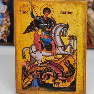 Handmade Wooden Icon of Saint George – Orthodox Christian Religious Art – Vintage Distressed Effect