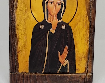 Icona della Vergine Maria del Silenzio: arte cristiana ortodossa realizzata a mano (10 x 15 cm)