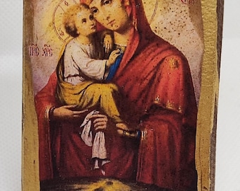 Handmade Virgin Mary and Child Icon: Antique Style Religious Art (7x5 cm)