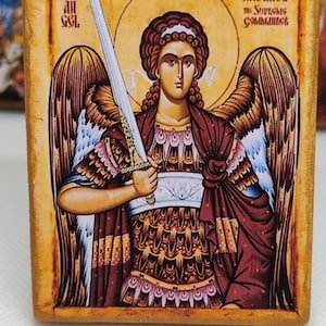 Saint Michael the Archangel Icon – Wooden Magnet Icon with Sword –  Christian Art christian art –  Byzantine Icon (8x6 cm / 3.15x2.36 in)