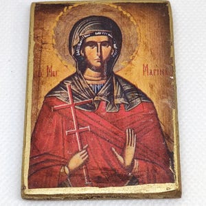 Saint Marina Orthodox Icon 7x5cm | Handmade Byzantine Wood Icon | Vintage Christian Gift