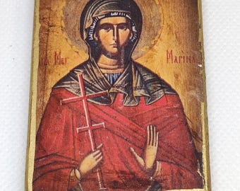 Saint Marina Orthodox Icon 7x5cm | Handmade Byzantine Wood Icon | Vintage Christian Gift