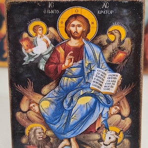 Christ Pantocrator Icon – Byzantine Glory Icon with Evangelists – 8x6 cm Wooden Orthodox Magnet – Apocalyptic Vision Art
