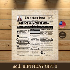 Puede incluir: Una impresión de estilo vintage que celebra un 40 cumpleaños, con el titular "The Golden Times" y el nombre "Joseph". El diseño incluye información de 1985, como nombres populares, películas y eventos, con una bandera americana.