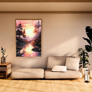 Pine Forest Wall Art Print | Rustic Lake Reflection Poster | Nature Landscape Artwork in Earth Tones | Tranquil Cabin & Home Decor