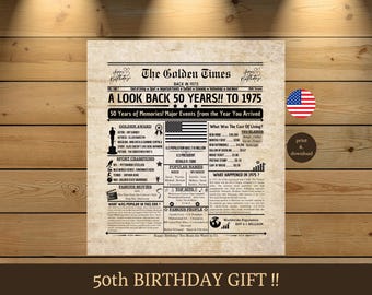 Back in 1975 Birthday Poster – 50th Birthday Newspaper Print | Gift for Men or Women | Party Sign Decoration