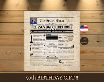 Personalized 50th Birthday Gift – 1975 Newspaper Poster | Fun Birthday Sign for Him or Her