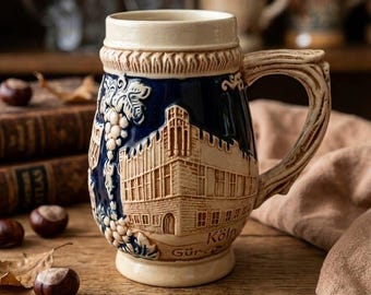 Vintage West Germany Beer Stein Köln Relief Ceramic Mug, Mid Century German Pottery Tankard, 1960s Oktoberfest Decor, Beer Lover Gift