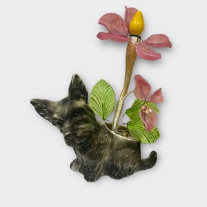 Lampada da tavolo vintage a forma di cane di piccola taglia con fiore in vetro, Richard Singer & Sons, Scottish Terrier, Mid-Century Modern, regalo per amanti dei cani, statuetta di cane