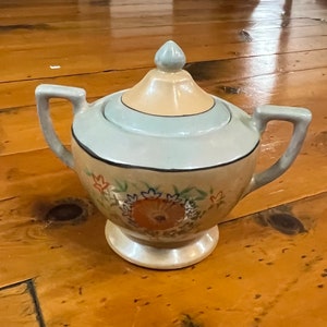 Vintage Japanese Lusterware Sugar Bowl with Lid, Hand Painted Floral Sugar Dish, Mid Century Luster Ware, Blue Beige Iridescent Kitchen Deco
