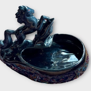 Beauceware Black Stallion Dish – Mid Century Quebec Pottery Bowl or Planter, Rearing Horse Vintage Glazed Ceramic, MCM Canada