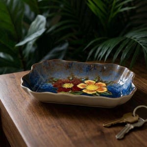 May include: A rectangular ceramic tray with a wavy, scalloped edge. The interior features a deep blue and brown mottled glaze with a hand-painted design of two large flowers, one in deep red and one in yellow, with green leaves.