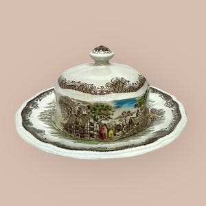 Vintage Kensington Ironstone Butter Dish, Shakespeare’s Sonnets Anne Hathaway Cottage, 1960s Brown Transferware Covered Dish England