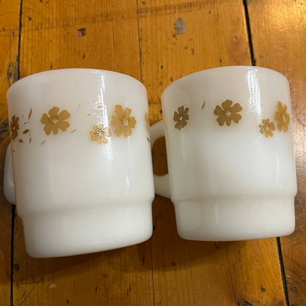 1980’s Vintage Floral Stacking Pair Of Milk Glass Mugs