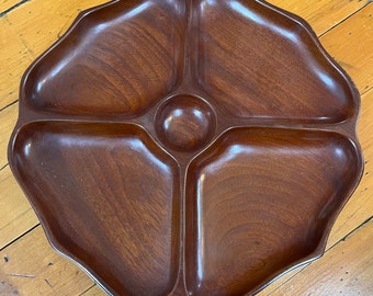 Vintage MCM Wood Serving Divided Tray Bowl Dip Snacks, Nuts