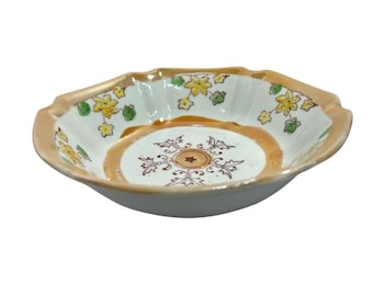 Vintage Lustreware Bowl Made in Japan Hand Painted Floral Scalloped Edge Porcelain Trinket Candy Dish 7 Inch