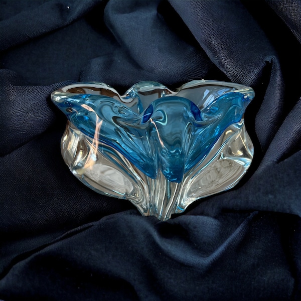 Stunning  mid century aqua blue and clear very heavy glass bowl  vase possibly Czech  Josef Hospodka Chribska Vintage