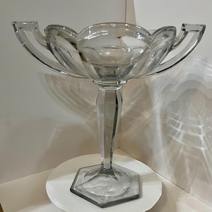Art Deco Clear Glass Pedestal Vase with Handles, Vintage Footed Compote Bowl, Elegant Deco Centerpiece,Tall Glass Display  Hollywood regency