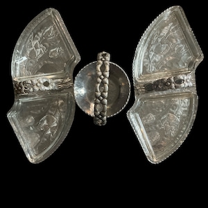 Vintage Rodney Kent Hammered Aluminum Set – 2 Relish Trays with Glass Inserts & Basket Bowl – Etched Tulip Design, Mid Century Aluminumware