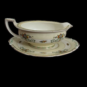 Vintage 1930s Grindley Tunstall Art Deco Gravy Boat with Matching Saucer, Yellow Green Floral China, Antique British Dinnerware Set