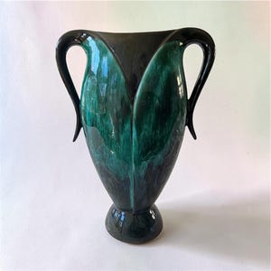Peut inclure: Un vase en céramique au design unique. Le vase présente une palette de couleurs vert foncé et noir, avec une surface texturée. Il possède deux anses incurvées et un socle, ajoutant à son attrait artistique.