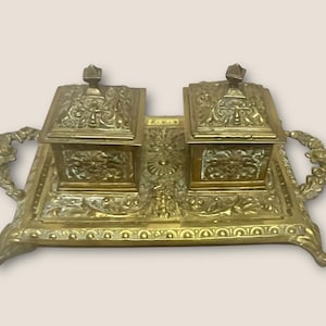 Antique Brass Double Inkwell with Removable Ceramic Inserts & Quill Pen, Ornate Victorian Desk Set, Heavy Cast Brass Inkwell Stand