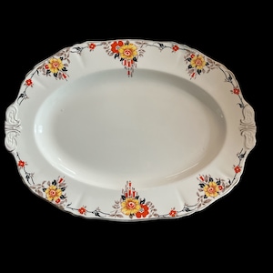 Plateau Art déco Alfred Meakin - Forme « Osiris » style 46 - Transfert floral des années 1930 - Assiette de service anglaise vintage avec bordure en or