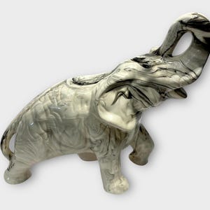 Vintage Marbled Ceramic Elephant Figurine  Black and White Swirl Glaze, Mid Century Modern Decor, Trunk Up for Good Luck, safari decor