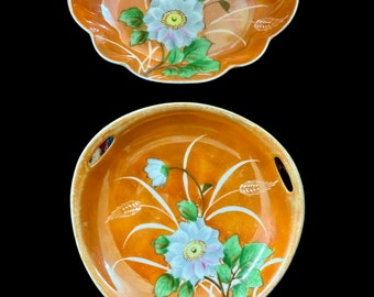 Rare lot de 2 vide-poches Art Deco Noritake Morimura en faïence orange florale lustré