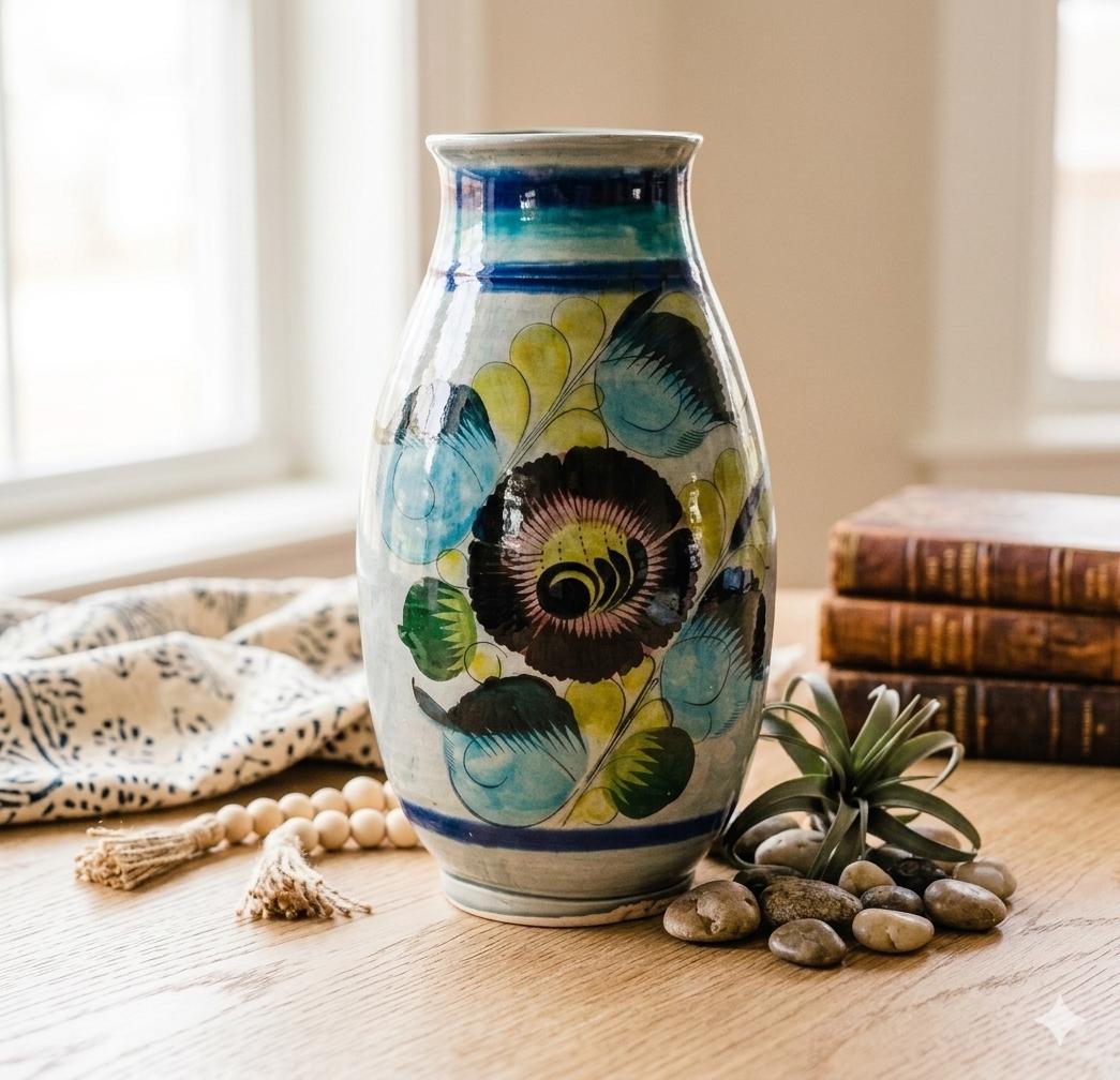 Hand-Painted Mexican Pottery Vase – 11” Tall Colorful Floral