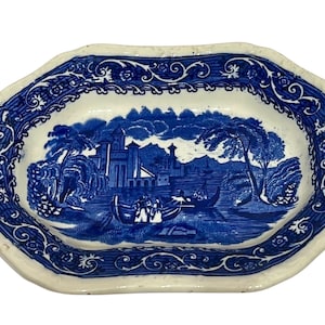 Antique Blue Transferware Platter, Davenport Anchor Mark, 8x6 England Ironstone Dish, 19th Century Staffordshire Tableware, Collectible