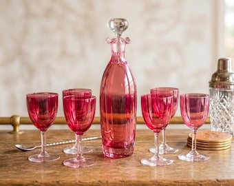 Cranberry Glass Barware Set – Handblown Decanter & 6 Petite Cordial Glasses – Whimsical Vintage Pink-Red Glassware