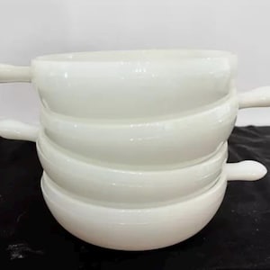 Set of 4  Vintage Glasbake Milk White Soup bowl with handles stackable 1960s, soup bowl set, vintage soup bowls, onion soup bowls, ovenware