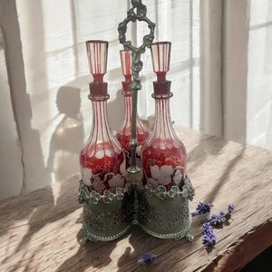 Rare Ruby Red Bohemian Czech Glass Decanter Set | Cut to Clear Cruet Trio with Grape Design | Vintage Glass & Pewter Caddy | Barware Decor