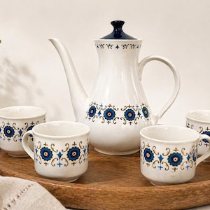 Vintage Ridgway Contessa Ironstone Teapot & 4 Cups Set, 1960s Staffordshire England, Teal Gold Floral, Retro English Tea Set Gift