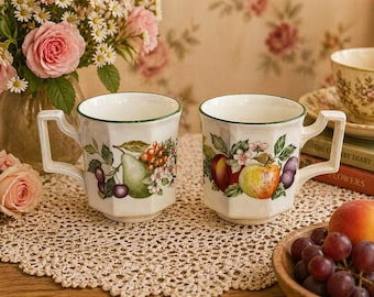 Juego de tazas vintage, tazas de café estilo cottagecore, tazas de té con estampado de frutas, Johnson Brothers Fresh Fruit, decoración de cocina rústica, juego de 2 o 4