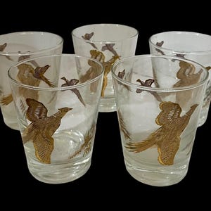 Vintage Gold Pheasant Glasses – Set of 5 MCM Lowball Federal Glasses, 1960s Hunter Barware, Bird Dog Scene, Fall Cocktail Glasses