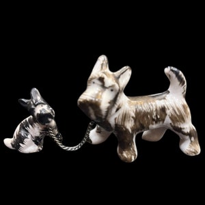 Vintage Scottie Dog Figurines – Mom and  Pup with Chain | Likely Occupied Japan Ceramic | Black & White Dogs | Mid Century Kitsch Decor