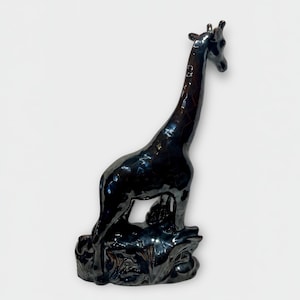 Vintage Black Ceramic Giraffe Figurine – Glossy Mid Century Jungle Animal Sculpture, 13” Tall Safari Decor, Elegant Glazed Wildlife Art