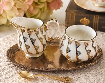 Juego de crema y azúcar Sadler vintage – Vajilla Art Déco dorada – Porcelana inglesa color marfil – Juego de té de mediados de siglo – Hecho en Inglaterra