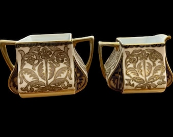 Antikes Nippon Sahne- und Zucker-Set - Handbemaltes & vergoldetes Porzellan - Art Deco Blumenmuster in Gold und Schwarz - Vintage Japanisches feines Porzellan