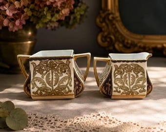 Antique Nippon Cream & Sugar Set Art Nouveau Hand Painted Gold Gilt Porcelain Japanese Fine China Floral Creamer Sugar Bowl