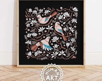 May include: A square framed wall art print featuring a black background with three birds perched on brown branches surrounded by white magnolia flowers and leaves. The birds have light brown bodies with blue and white wing details and brown tails.