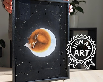 Red Fox on the Moon Art Print, Whimsical Cottagecore Decor, Fox in Space Poster