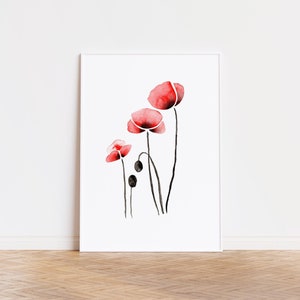 Minimalistische Aquarell Mohnblume Art Print, Abstrakte Lebendige Rote und Schwarze Blumen Wand Poster, Boho Botanische Frühling Wilde Blume Wohnkultur