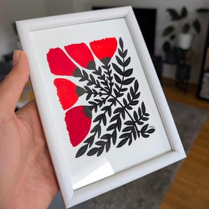 Piccola opera d'arte originale dipinta a mano, vivido dipinto di fiori neri e rossi, mini regalo fatto a mano, audace arte popolare, vibrante opera d'arte con papaveri