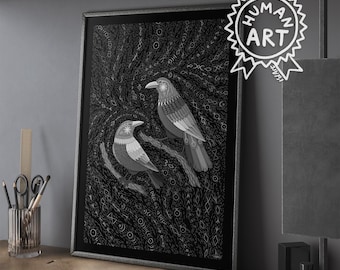 May include: A framed black and white art print featuring two birds perched on branches against a dark background filled with intricate, swirling line patterns and geometric symbols. The artwork is displayed in a thin black frame.