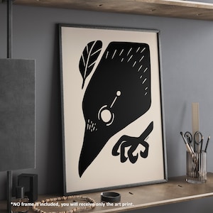 Odin&#39;s Raven Muninn Folk Art Print, Modern Abstract Whimsical Black Crow Bird Wall Poster, Dark Norse Mythology Minimalist Viking Home Decor