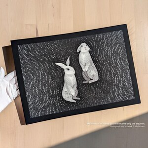 White Rabbits Art Print, Delicate Black & White Cute Bunnies Poster, Minimal Aesthetic Hare Folks Art, Bunny Lover Gift image 8