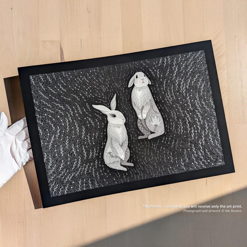 White Rabbits Art Print, Delicate Black & White Cute Bunnies Poster, Minimal Aesthetic Hare Folks Art, Bunny Lover Gift image 8